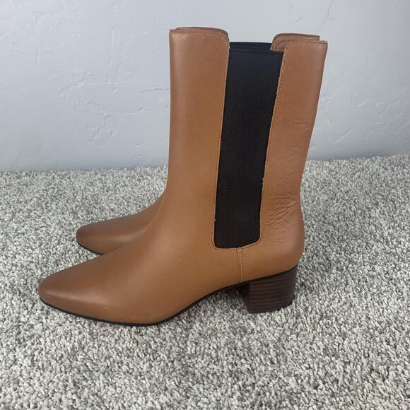 J. Crew Boots Womens Size 7.5 Brown Tan Chelsea Block Heel Leather Ankle Pull On - Picture 4 of 12